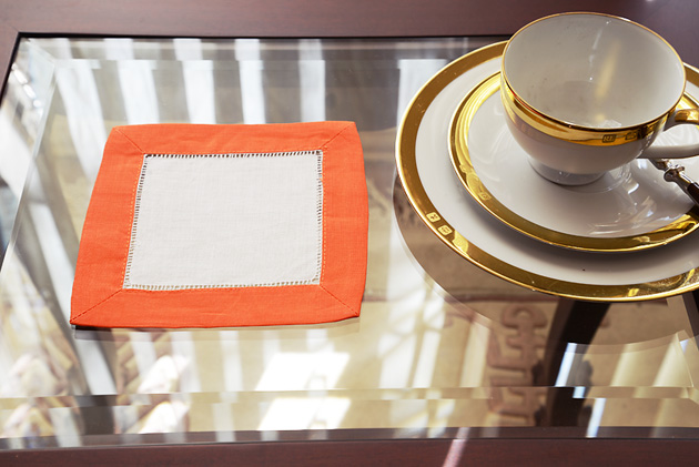 White Hemstitch Cocktail Napkin 6" with Exotic Orange border - Click Image to Close